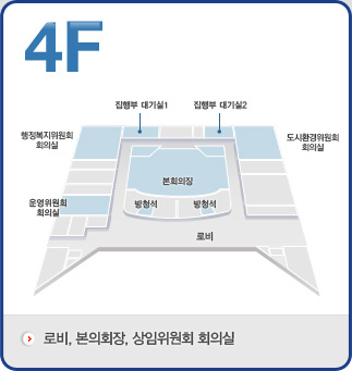 4F : 행정복지위원회 회의실, 집행부 대기실1, 집행부 대기실2, 도시환경위원회 회의실, 로비, 운영위원회 회의실, 본회의장, 방청석, 방청석